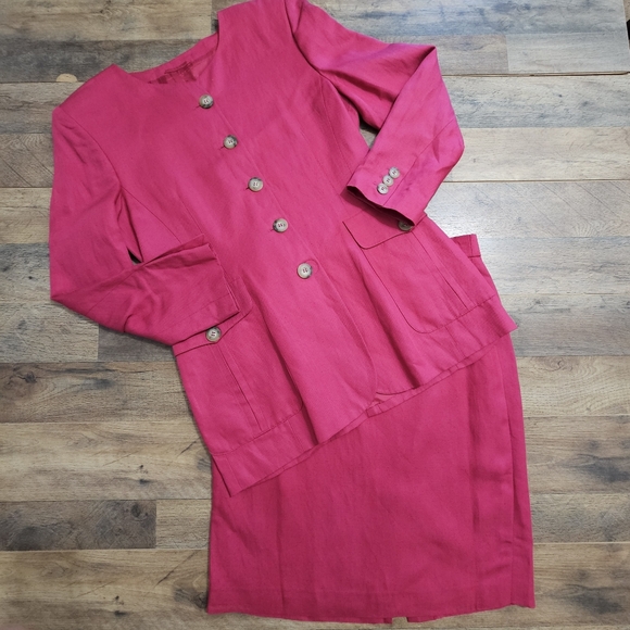 Laurel By Escada Pink Linen Blazer Skirt Set Vintage EU 42 Office Career